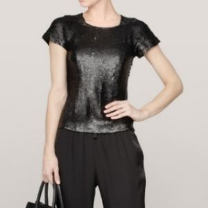 Theyskens' Theory Blouse oBlack Caviar Brax Sequin  Silk Short Sleeve Size 10